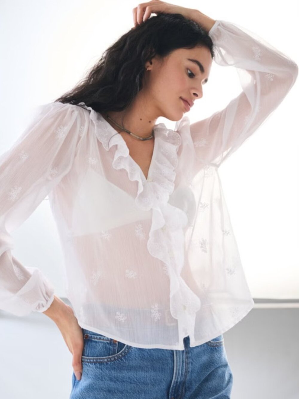 NWT Abercrombie Sheer Embroidered Ruffle Button-Through Blouse